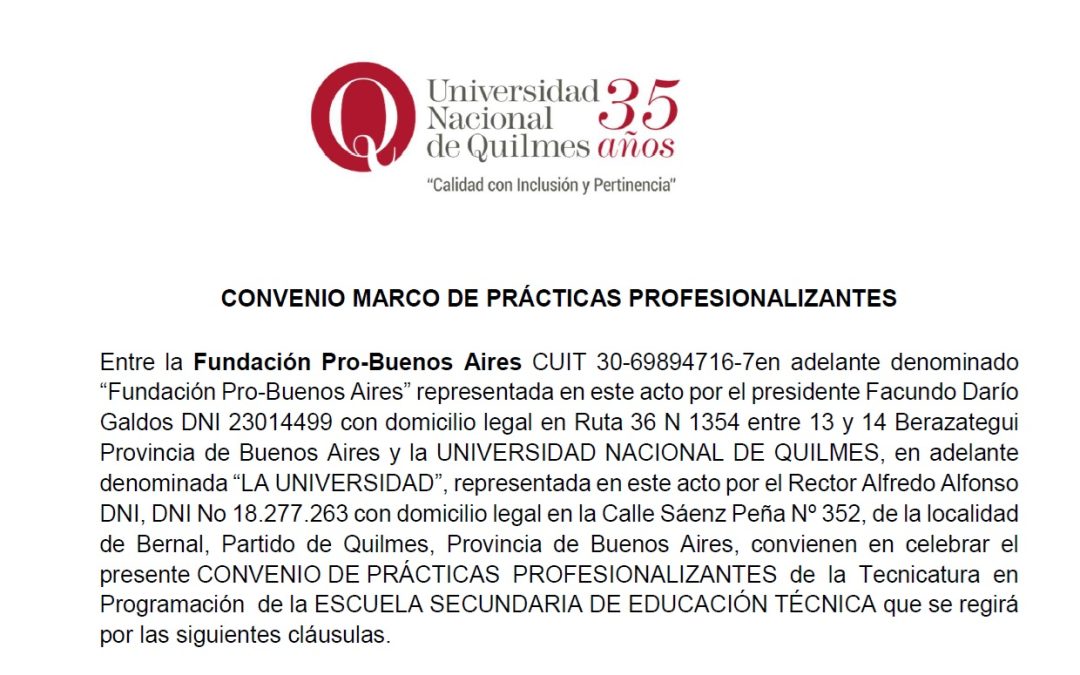 Reafirmamos nuestro compromiso firmando un convenio de Prácticas Profesionalizantes con la UNQ